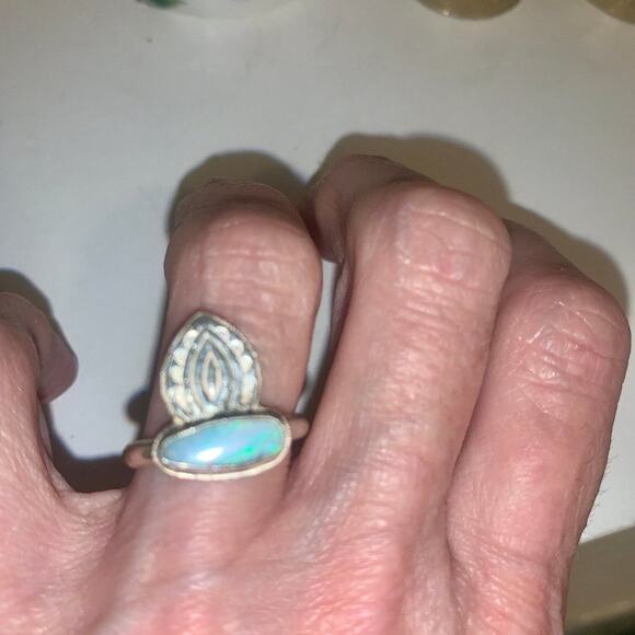 CUSTOM MADE AUSTRALIAN OPAL STERLING SILVER MEHNDI RING 5.75 BOHO - Picture 1 of 7